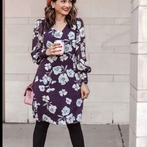 Cabi Floral Shift‎ Dress Women Sz S Purple Blue Long Sleeve Lined Flowy V-Neck